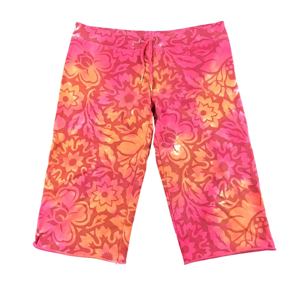 Lucky Brand y2k Pink Orange Floral Tropical Ribbed Lounge Shorts Drawstring M